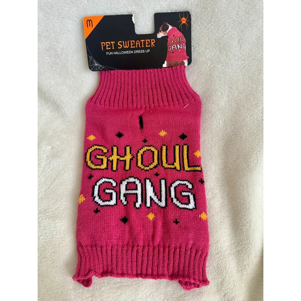 Ghoul Gang Halloween Dog Pet Sweater‎ Medium Pink Knit Minor Flaw